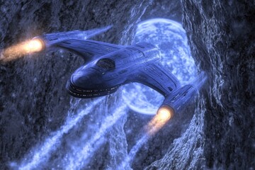 Futuristic spaceship navigating through a rocky cave towards a glowing celestial body in a distant star system, showcasing advanced technology and space exploration.
