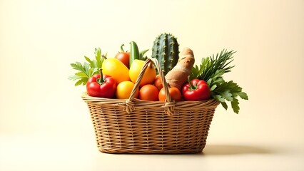 A shopping basket filled with colorful grocery items set against a clean backdrop