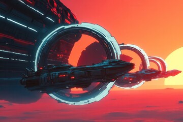 Obraz premium Futuristic Spaceships Navigating Through Cosmic Gateway in a Dazzling Space Sunset with Glowing Rings and Vivid Color Palette
