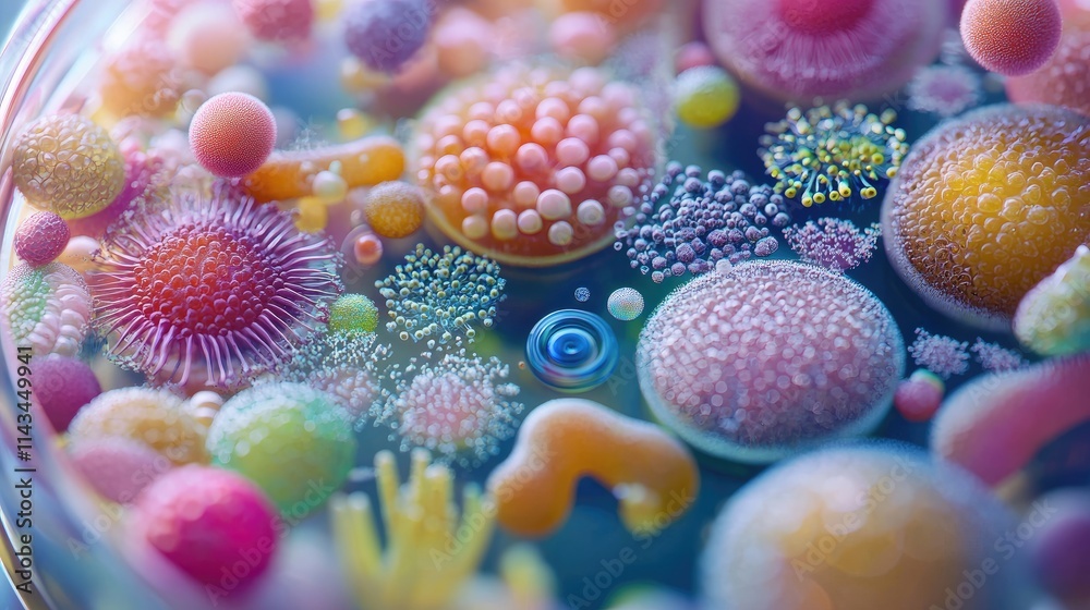 Poster a close-up image depicting a colorful petri dish filled with various types of bacteria, showcasing t