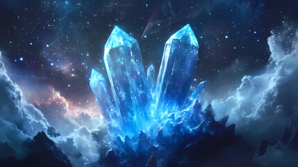 A glowing blue crystal formation floats in a cosmic expanse, surrounded by stars and interstellar clouds, creating an aura of mystique and otherworldly wonder. Mystique. Illustration