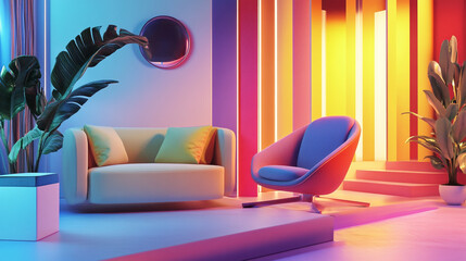 Living space with frame and colorful furniture, vintage interior design living room with an empty mockup with a colorful paint on the wall, The modern dining room with various furniture.