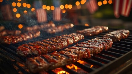 Grilled Steaks and Summer Barbecue Celebration with American Flags and Festive Lights