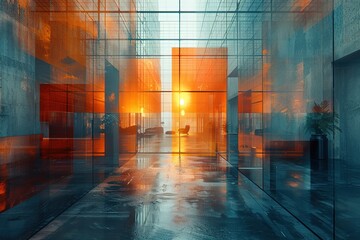 Fototapeta premium Large room with a lot of glass windows and a sun shining through them