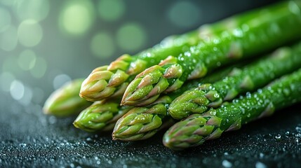 Fresh Green Asparagus Spears Glistening With Water Droplets