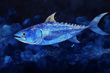 Artistic Rendering of a Tuna Fish Swimming in a Deep Blue Ocean.