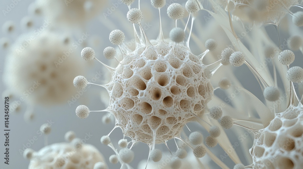 Poster An artistic representation of microorganisms with intricate structures, displayed on a light table with a neutral background to enhance visibility.
