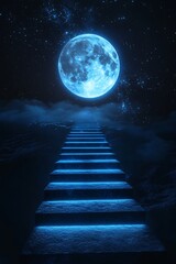 Conceptual image of night landscape with stairs leading to the moon.