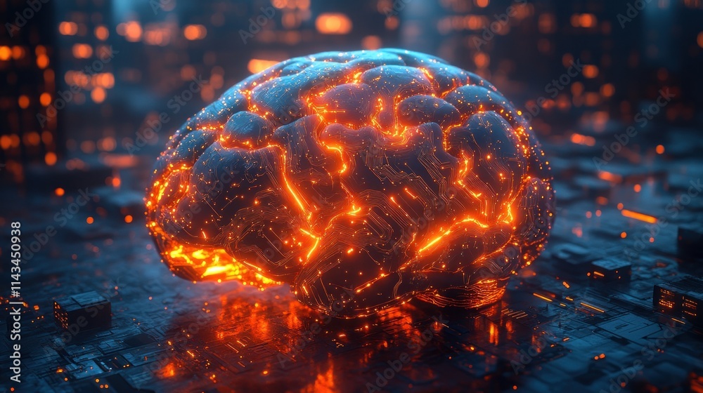 Poster futuristic brain sculpture cyberpunk concept artificial intelligence machine learning technology