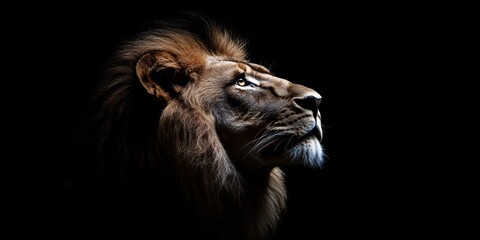Fototapeta premium Portrait of a lion on a black background with copy space. Digital painting.