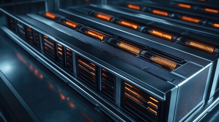 An aerial view of a data center with rows of servers and a focus on cybersecurity measures, depicted in sleek metallic tones with dynamic lighting effects.