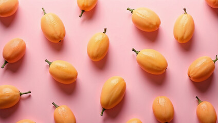 Pattern of fresh kumquats on pastel pink background