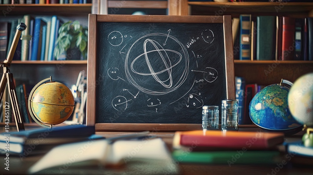 Poster a close-up view of a hand-drawn diagram showing the laws of motion on a chalkboard, surrounded by co