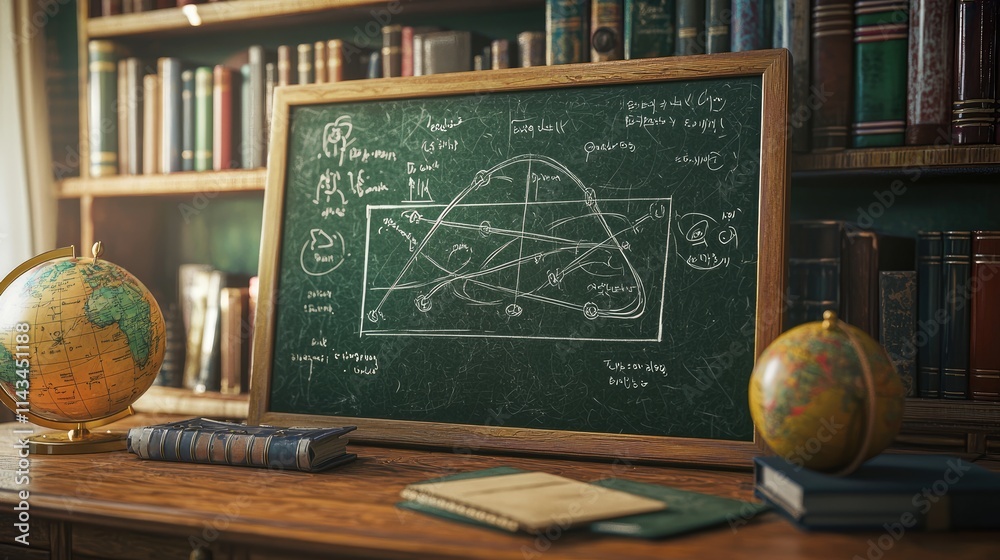 Poster a close-up view of a hand-drawn diagram showing the laws of motion on a chalkboard, surrounded by co