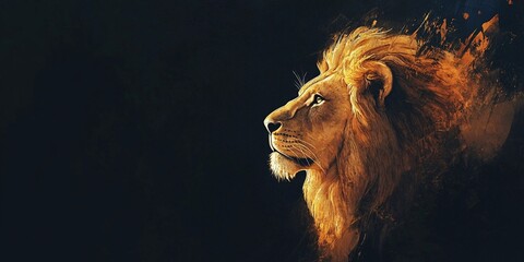 Naklejka premium Portrait of a lion on a black background with copy space. Digital painting.