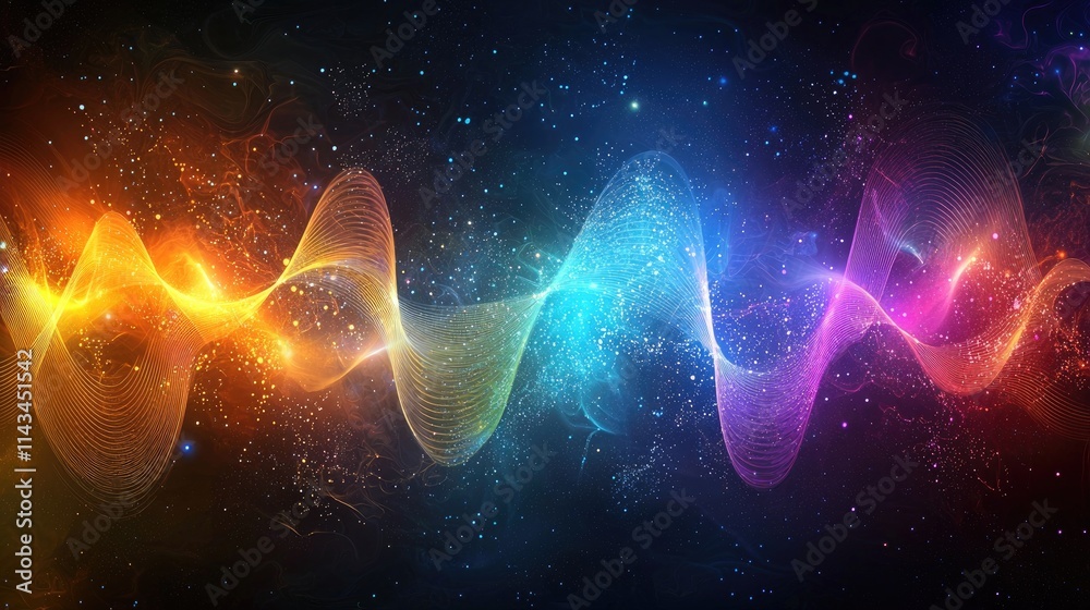 Poster An abstract art piece illustrating the concept of superposition, with colorful waves intersecting in a dark cosmic background.