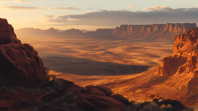 Ethereal mystique of australian outback at dusk, warm golden light casting long shadows on ancient rust-red rock formations, vast desert landscape stretching into infinity. Mystique. Illustration