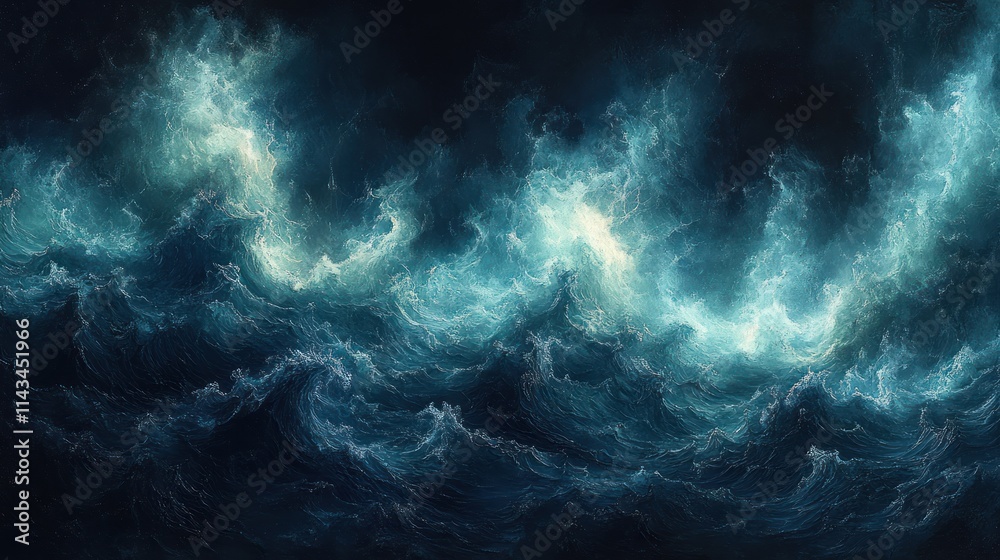 Poster ethereal turbulent ocean abstract expressionism with deep emerald and sapphire hues and dramatic glo