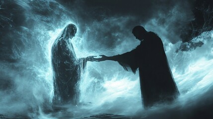 Obraz premium Conceptual image of a person shaking hands with devil in dark tunnel.