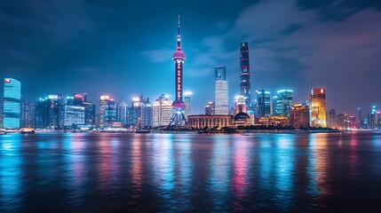 Obraz premium Shanghai Skyline at Night. Modern Architecture and City Lights.