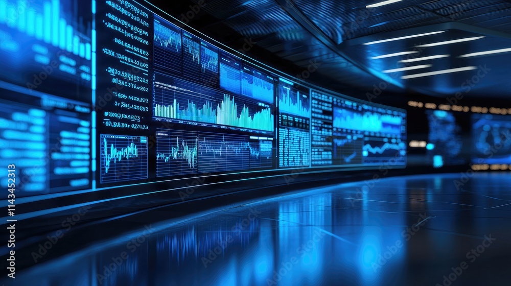 Aufkleber A futuristic room with large screens displaying real-time market data, and a calm atmosphere enhanced by blue ambient lighting.