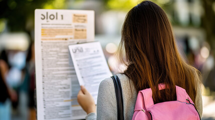 Person standing in front of a job listings board, scanning opportunities with a focused expression. The scene conveys the pursuit of career advancement and the search for meaningful employment.