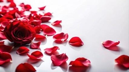 Fototapeta premium Delicate red rose petals scattered on a soft white background, creating a romantic and intimate atmosphere , red roses