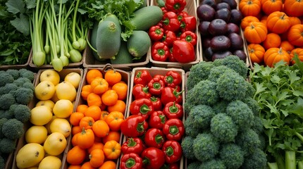 An overhead shot of colorful fresh vegetables in a farmer's market setting.