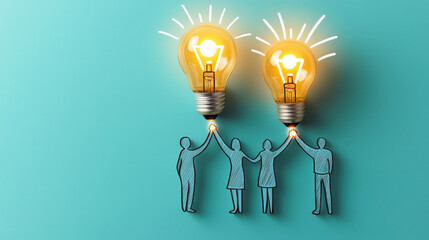 Creating Lasting Impact Concept. Creative teamwork represented by light bulbs and figures holding hands
