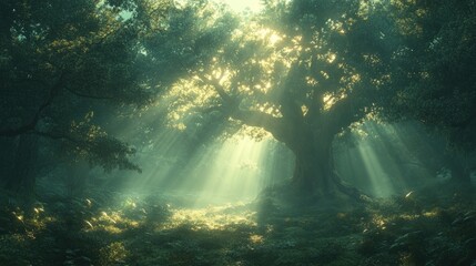 Obraz premium Sunbeams illuminate ancient forest, mystical tree.