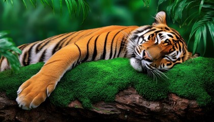 Fototapeta premium Majestic tiger lying on lush green moss jungle habitat wildlife photography vibrant environment close-up view serenity concept