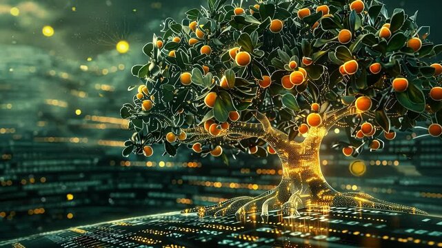 Digital tree with glowing oranges growing from big data matrix symbolizing machine learning, artificial intelligence, and the fruitful outcomes of data analysis in a futuristic cityscape