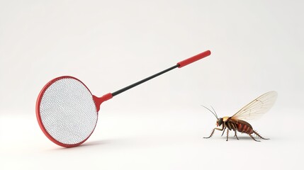 A fly swatter hitting a cockroach in a 3D cartoon style, set against a simple white background. A playful and dynamic depiction of pest control with exaggerated movements and vibrant design.