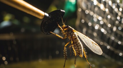 A fly swatter hitting a cockroach in a 3D cartoon style, set against a simple white background. A playful and dynamic depiction of pest control with exaggerated movements and vibrant design.