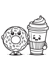 Coloring page education kid cute donut with ice cream cup