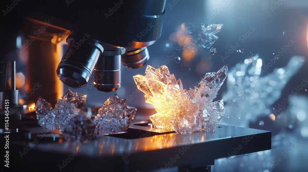 Poster A captivating visual of a crystalline structure being analyzed under a microscope, revealing intricate details and reflections in a dimly lit lab.