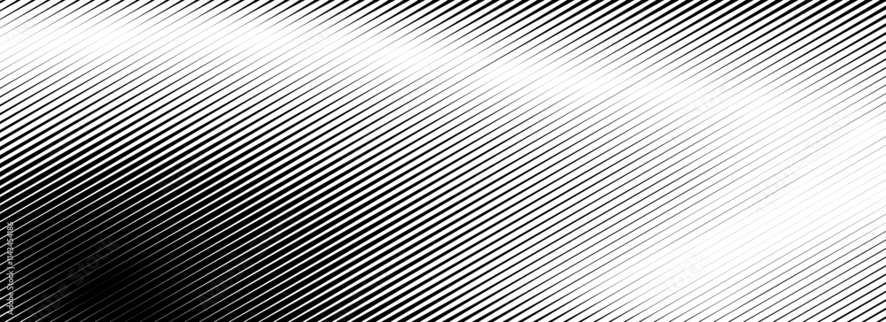 Poster Vanishing linear gradient texture. Black diagonal stripe gradation background. Thin and thick fade slanted pattern backdrop. Vector oblique parallel stroke wallpaper for overlay, print, cover, banner