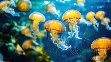 An enchanting underwater world featuring glowing jellyfish, vibrant coral reefs, and schools of colorful fish swimming gracefully, creating a serene and magical atmosphere.
