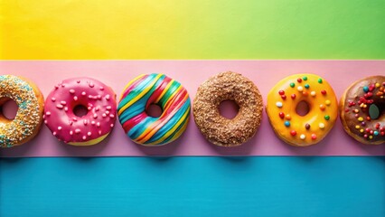 A colorful arrangement of assorted donuts in a row on a vibrant background , confectionery, pastry