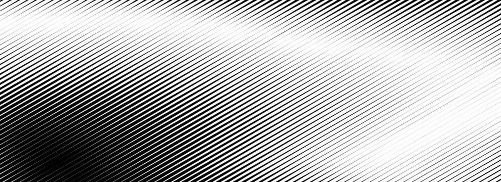 Vanishing linear gradient texture. Black diagonal stripe gradation background. Thin and thick fade slanted pattern backdrop. Vector oblique parallel stroke wallpaper for overlay, print, cover, banner