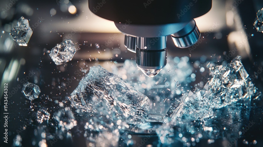 Poster a captivating visual of a crystalline structure being analyzed under a microscope, revealing intrica
