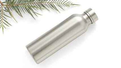 A reusable stainless steel water bottle, placed on a white background, with a minimalistic, modern design