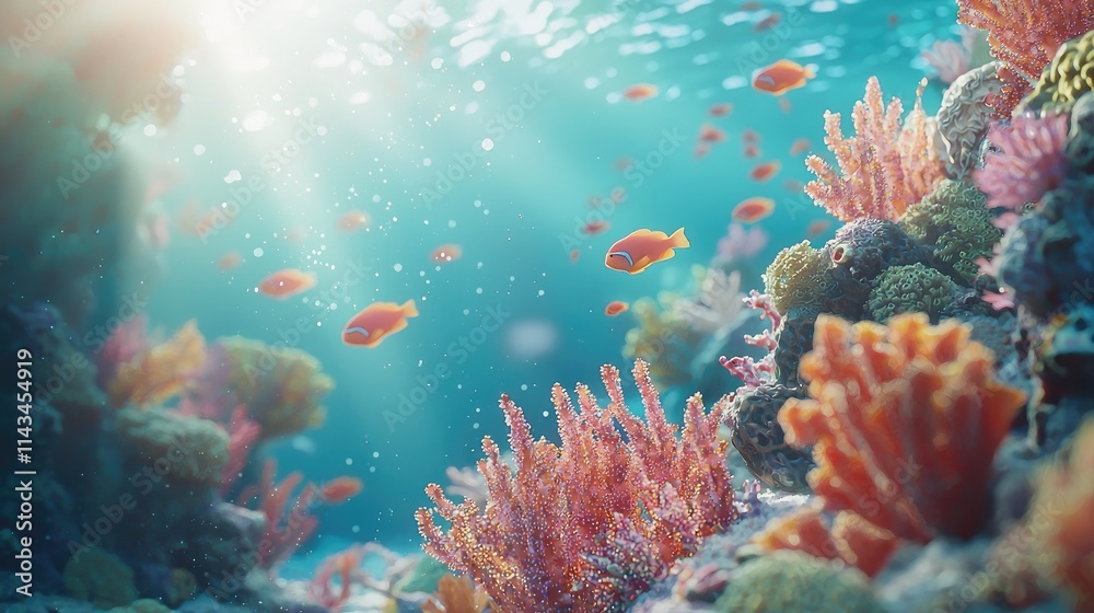 Poster a close-up view of a coral reef bursting with bright corals and schools of tropical fish swimming ar