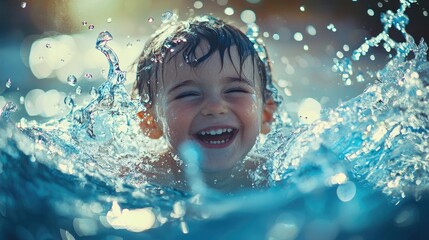 A captivating image of an ocean wave blending with a child s laughter, symbolizing joy and freedom, with shades of blue and playful splashes reflecting happiness.