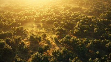 An aerial view of a lush forest transitioning into a barren land illustrates the impacts of deforestation and climate change, with golden sunlight filtering through the t