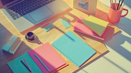 A flat lay composition of colorful stationery, a laptop, and a coffee cup on a wooden table, emphasizing creativity and organization for social media planning.