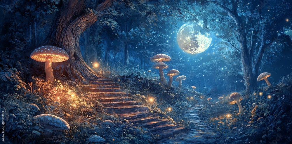 Poster a mystical forest scene illuminated by a full moon and glowing mushrooms.