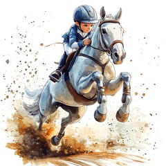 Young Girl Riding a White Horse in Show Jumping Competition, Dynamic Watercolor Illustration.