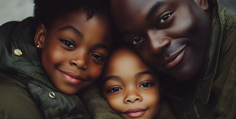 Happy, smiling family of four - a Black family - hugging after the military parent's return home.