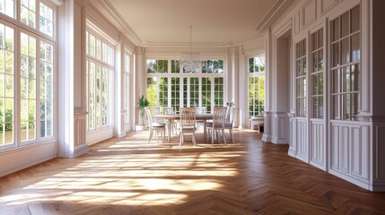 Fototapeta premium This spacious dining area boasts classic parquet flooring, complementing the bright decor and large windows that invite natural light.